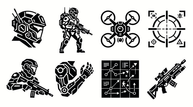 Futuristic military soldier and tactical equipment icon set