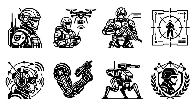 Futuristic tactical military icons set with soldiers drones and robots