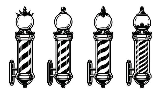Classic barber poles with spiral stripes and decorative caps
