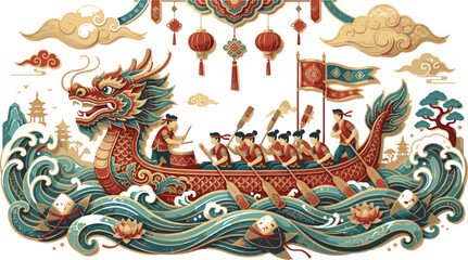 Chinese duanwu festival celebration banner featuring classic dragon boat oarsmen lotus flowers and auspicious clouds © Akhi Ayra