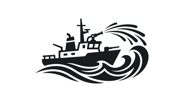 Emergency fire ship spraying water in sea waves