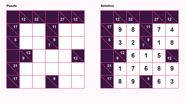 Kakuro puzzle with solution in minimalist design on white background  