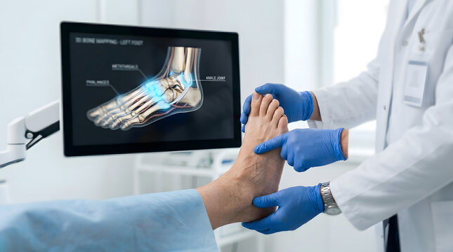 Close-up of a doctor analyzing a digital foot pressure scan during a patient examination