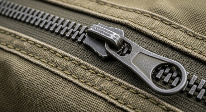 Close up of a sturdy metal zipper on a thick olive green canvas fabric, showcasing the detailed texture of the teeth and the pull tab mechanism.