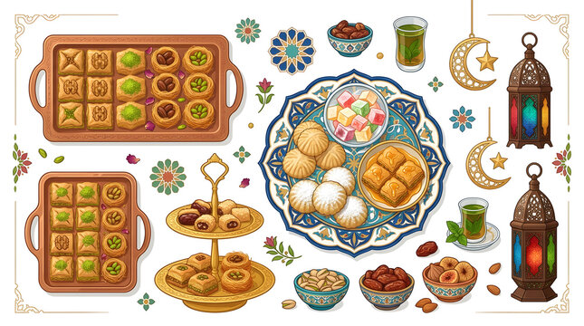 Traditional Arabic Sweets and Ramadan Desserts Vector Set