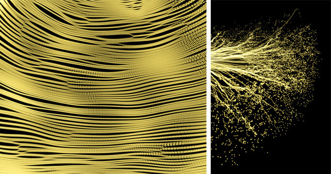 Point explode. Array with dynamic emitted particles. Abstract background. Grid texture. Network design with particles. Dynamic vector illustration for banner, flyer, cover, poster or brochure.