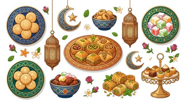 Middle Eastern Sweet Pastries Set for Ramadan Kareem Celebration, Isolated Vector