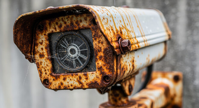 A close up view of a weathered and rusted security surveillance camera mounted on a wall, showing signs of decay, neglect, and environmental damage.