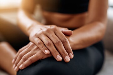 Fototapeta premium Close up of a woman's hands resting peacefully, showing her calm demeanor and well-groomed nails.