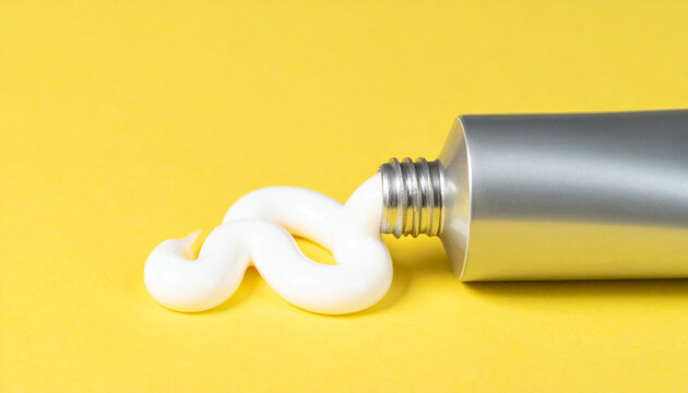 Minimalist metal tube squeezing thick white cream onto smooth yellow background. Dermatology product for skincare. Close-up.