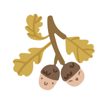 Cute smiling acorns with oak leaves and branch. Adorable autumn forest element for nursery decor, seasonal designs, stickers and woodland projects. Flat vector illustration.