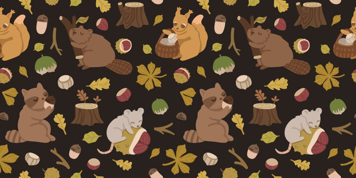 Seamless autumn woodland pattern with cute squirrel, mouse, raccoon and beaver, surrounded by acorns, chestnuts, leaves and branches. Cozy forest background. Flat vector illustration.