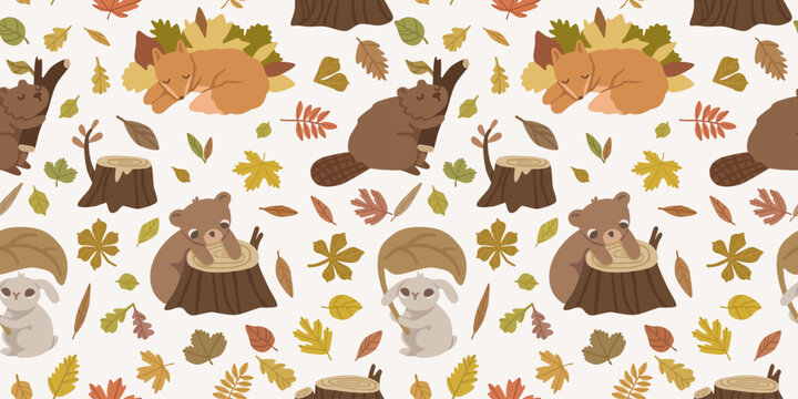 Seamless autumn woodland pattern with cute fox, beaver, bear and rabbit, surrounded by colorful leaves, branches and tree stumps. Cozy forest background for nursery decor. Flat vector illustration.