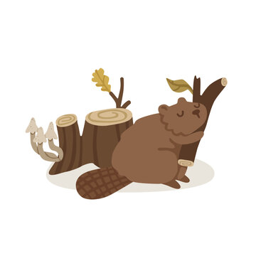 Cute beaver hugging a tree branch beside a stump and forest mushrooms. Adorable woodland animal character with a calm and content expression. Isolated flat vector illustration.