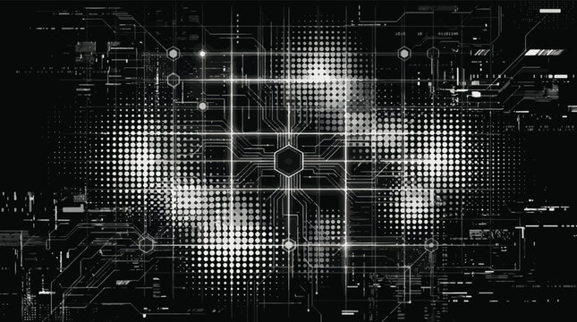 Futuristic cyber data visualization background vector illustration with halftone dot grid in black and white
