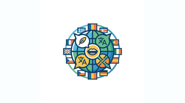 Global Communication Concept: World Map, Flags, Speech Bubbles & Languages