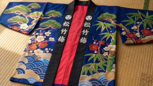 Vibrant Japanese happi coat with pine, bamboo, and plum patterns.