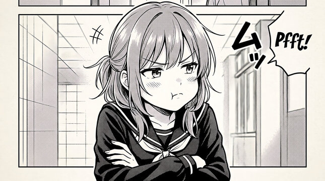 Anime girl with pouting expression looks displeased indoors