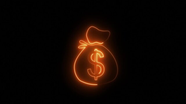 Glowing neon Money bag and coin with euro icon isolated color, doller money bag cash doodle animation, doller symbol concept animation