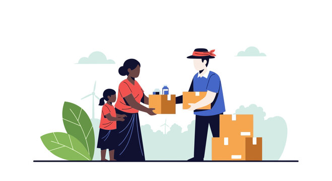 Charity Donation Delivery: Mother, Child Receive Food Boxes From Volunteer