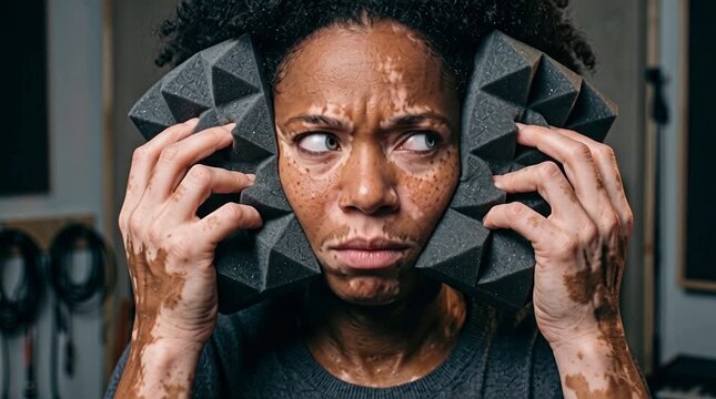 Mujer vit&iacute;ligo protecci&oacute;n auditiva concepto aislamiento ruido ac&uacute;stico