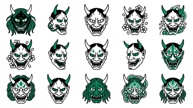 Green Japanese hannya demon mask icon collection.
