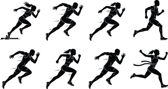 Athletic runners silhouettes set featuring track and field athletes sprinting isolated on white background