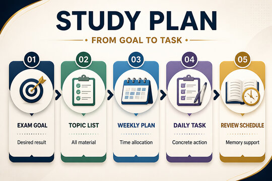 A graphic illustrating a five-step study plan from goal setting to review schedule.
