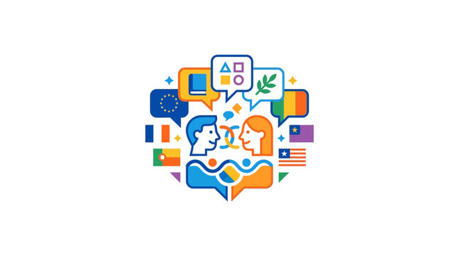 Multilingual Communication Concept: Diverse People, Languages, and Symbols