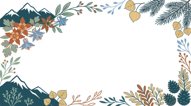 Rustic mountain and botanical border frame vector with Colorado columbine flowers pinecones and aspen leaves