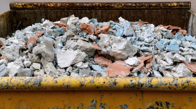 Overflowing skip bin filled with rubble, construction debris, and broken tiles