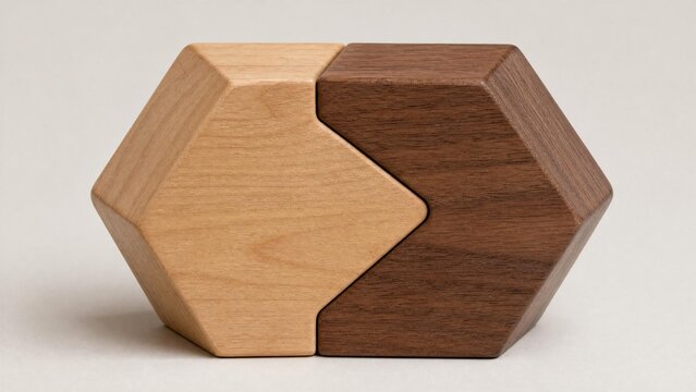 Two minimalist wooden geometric shapes, convex and concave, interlocked.