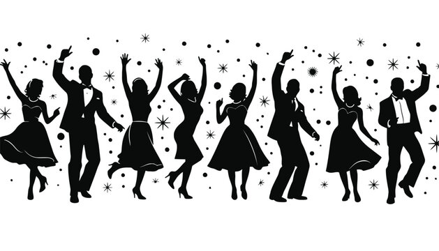 Silhouettes of people dancing at party with glitter stars, silhouette