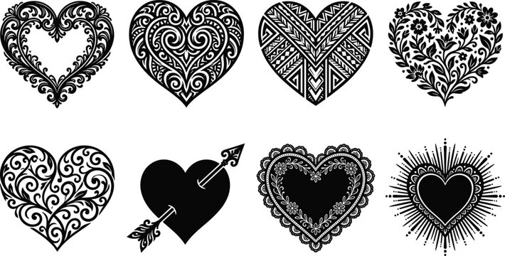 Decorative heart icon set featuring filigree floral patterns geometric tribal ornament and cupid arrow silhouette designs