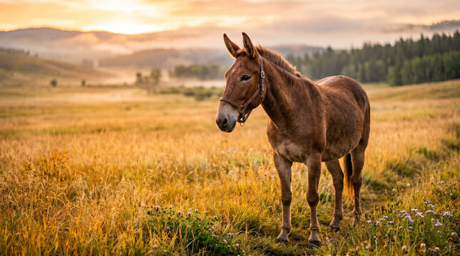 Mule Standing in a Golden Meadow During a Serene Sunrise with Misty Hills and Soft Sunlight