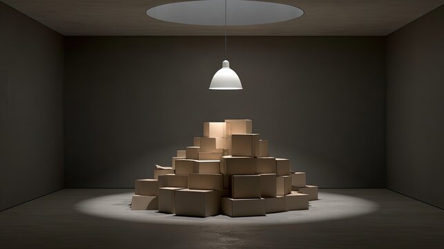 Pile of cardboard boxes illuminated by a single hanging light in a dark room