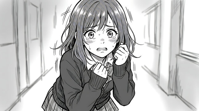 Anime girl appears sleepy and yawning in monochrome school hallway scene