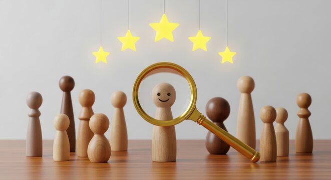 A wooden figure with a smiley face is magnified by a gold magnifying glass among other figures on a table with hanging stars
