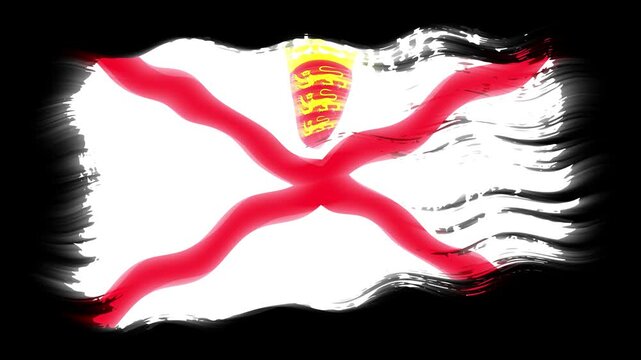 Waving torn Parishes of Jersey flag grunge brush burn light leaks, transparent background alpha channel loop full HD