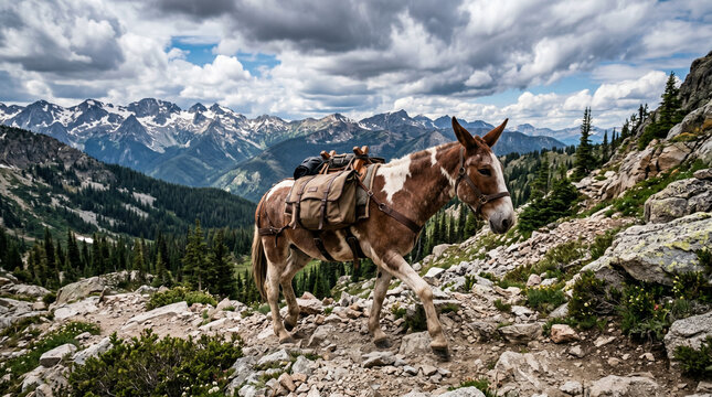 Pack Mule Carrying Gear on a Rocky Mountain Trail with Alpine Peaks