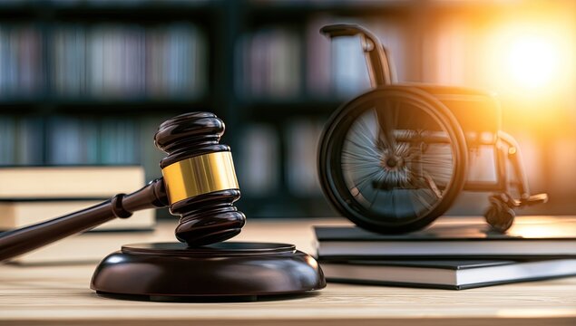 Gavel and wheelchair in library, symbolizing disability law and justice