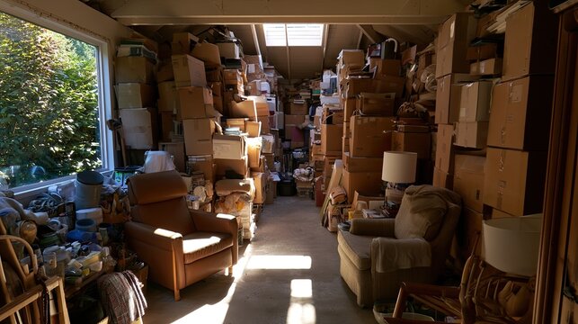 Cluttered attic room filled with boxes, furniture, and items
