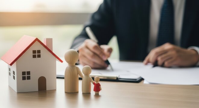 Family and miniature house with a man signing documents in background