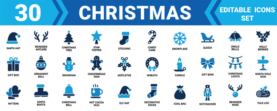 Set of 30 christmas holiday icons featuring santa hat tree snowflake and gifts in blue and black colors Vector