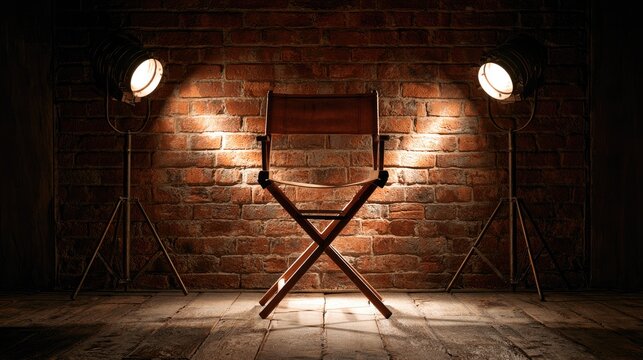 Empty director's chair bathed in spotlight against brick wall