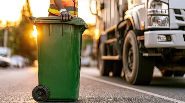 Worker in vest & gloves beside green bin, truck behind