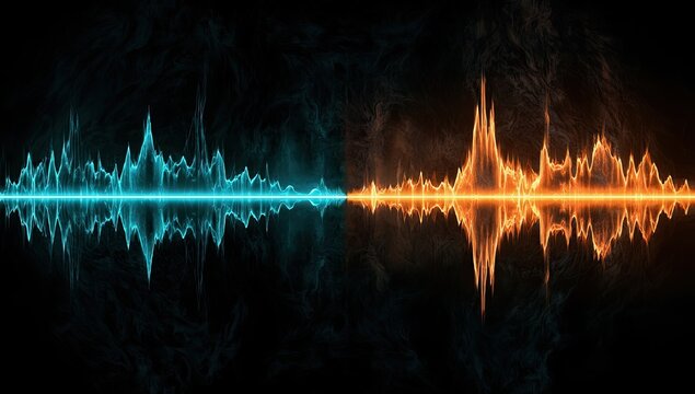 Pulsating blue and orange soundwaves on a smoky, dark background