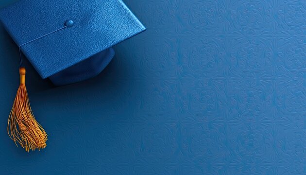 A blue graduation cap with a golden tassel rests on a textured blue surface