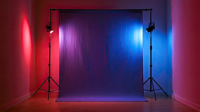 Studio setup with backdrop, lit by red and blue lights on stands