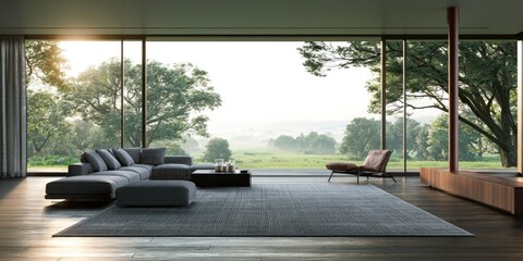 Fototapeta premium Modern living room with expansive windows showcasing a serene natural landscape